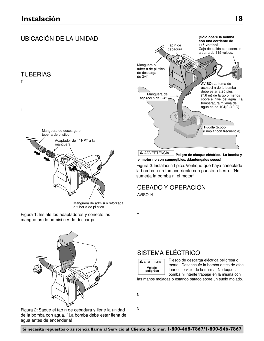 Simer Pumps 4850C owner manual Instalación, Ubicación DE LA Unidad, Tuberías, Cebado Y Operación, Sistema Eléctrico 