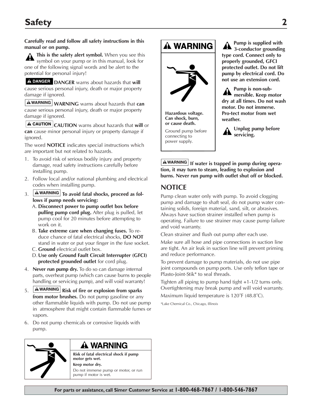 Simer Pumps 4850C owner manual Safety, Ground pump before connecting to power supply 