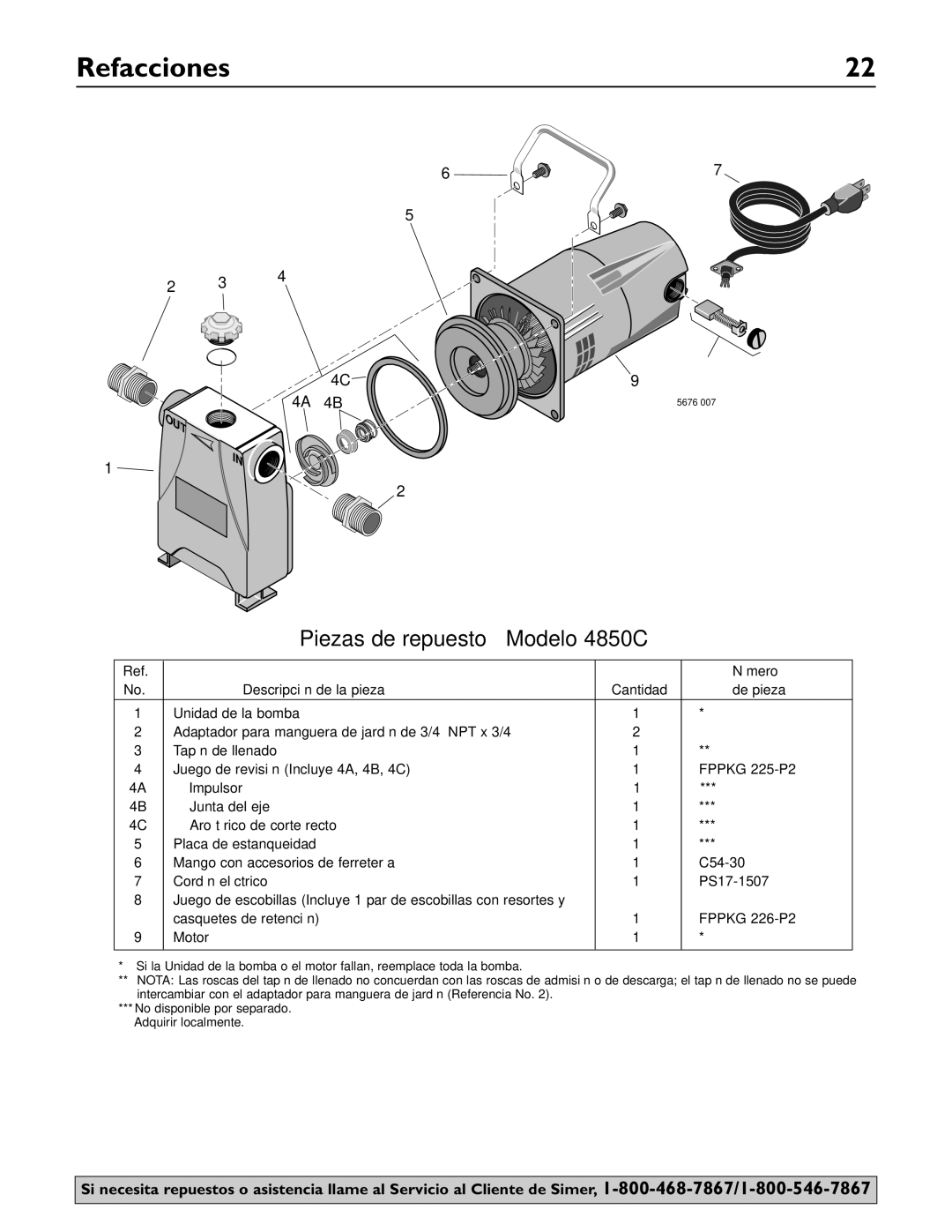 Simer Pumps 4850C owner manual Refacciones, Número, Descripción de la pieza Cantidad De pieza 