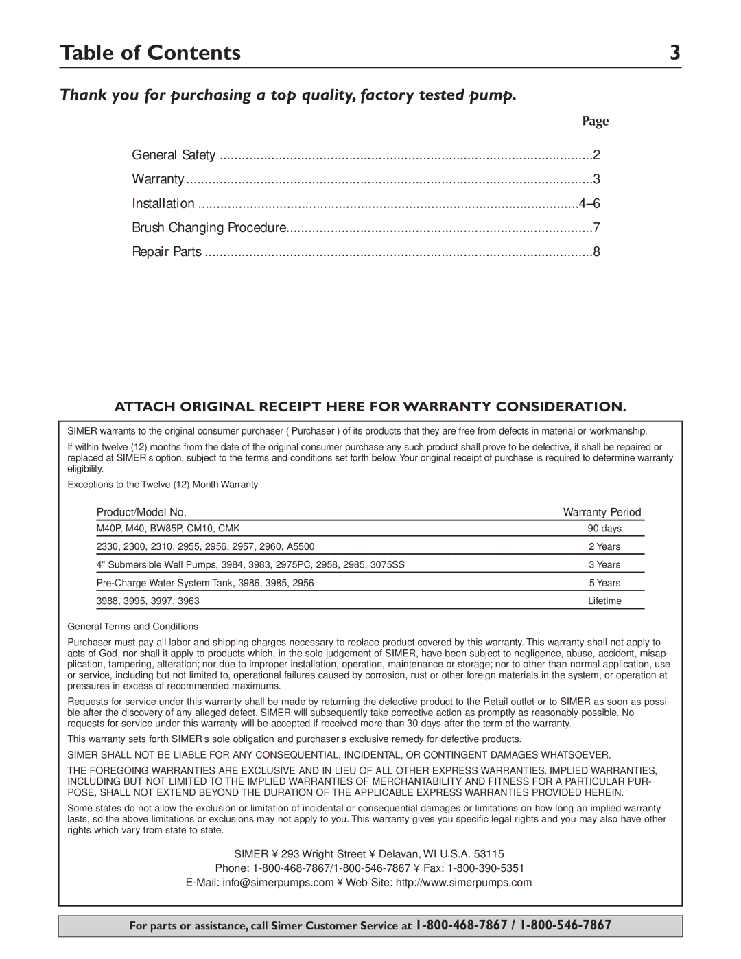 Simer Pumps 4850C owner manual Table of Contents 