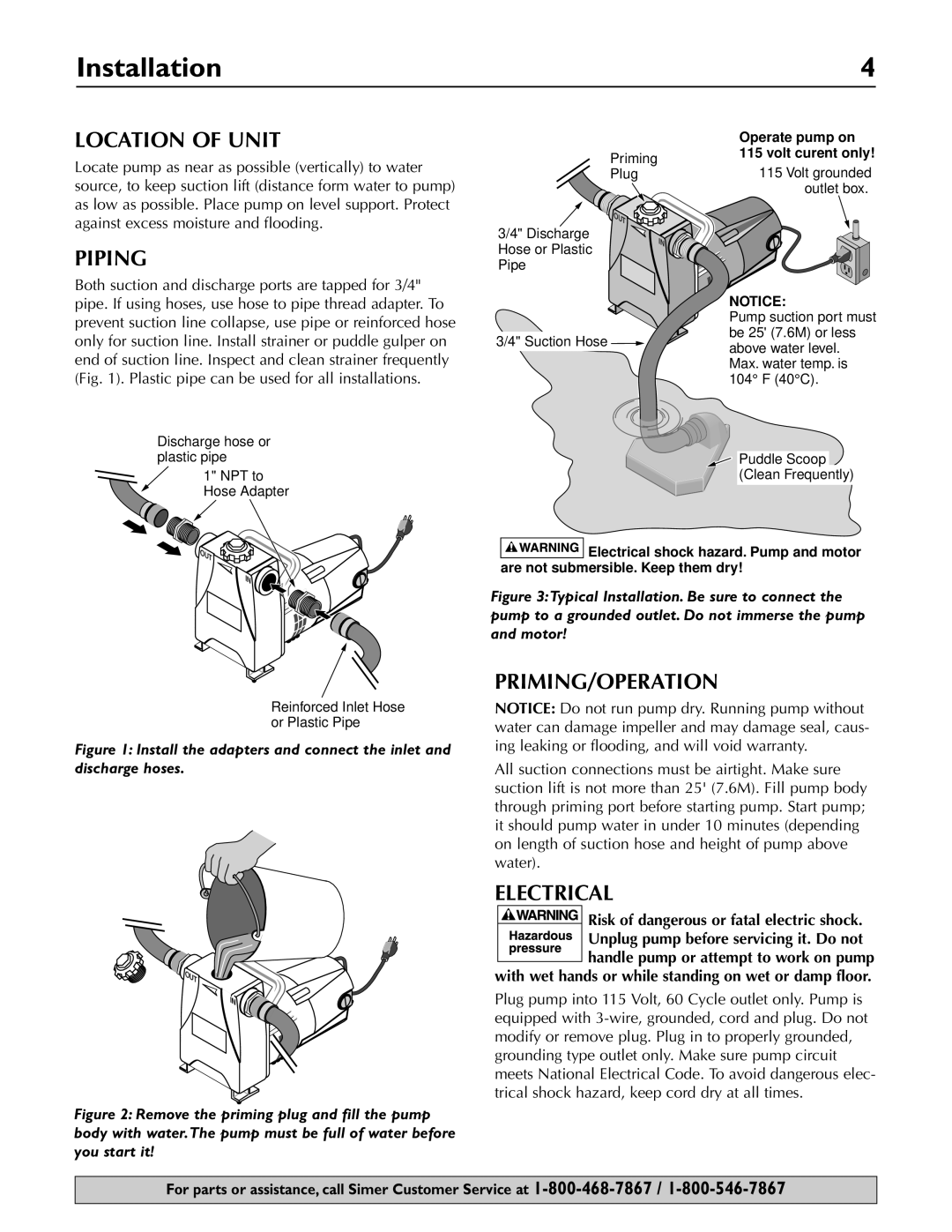 Simer Pumps 4850C owner manual Installation, Location of Unit, Piping, Priming/Operation, Electrical 