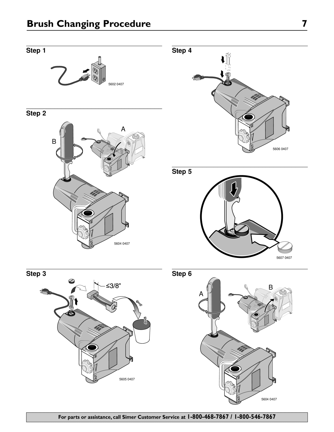 Simer Pumps 4850C owner manual Brush Changing Procedure 