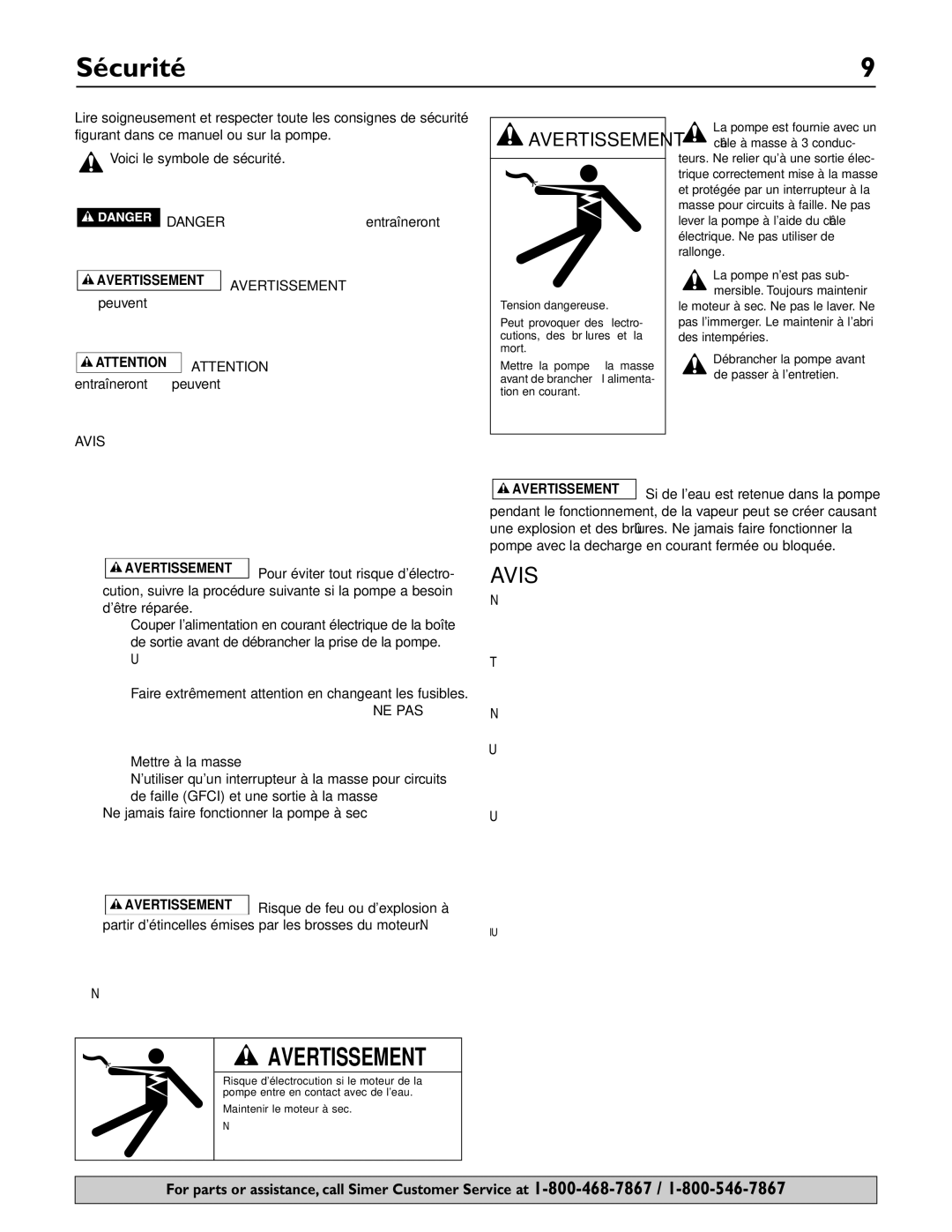 Simer Pumps 4850C owner manual Sécurité, Avis, Mettre à la masse la boîte de sortie de courant 