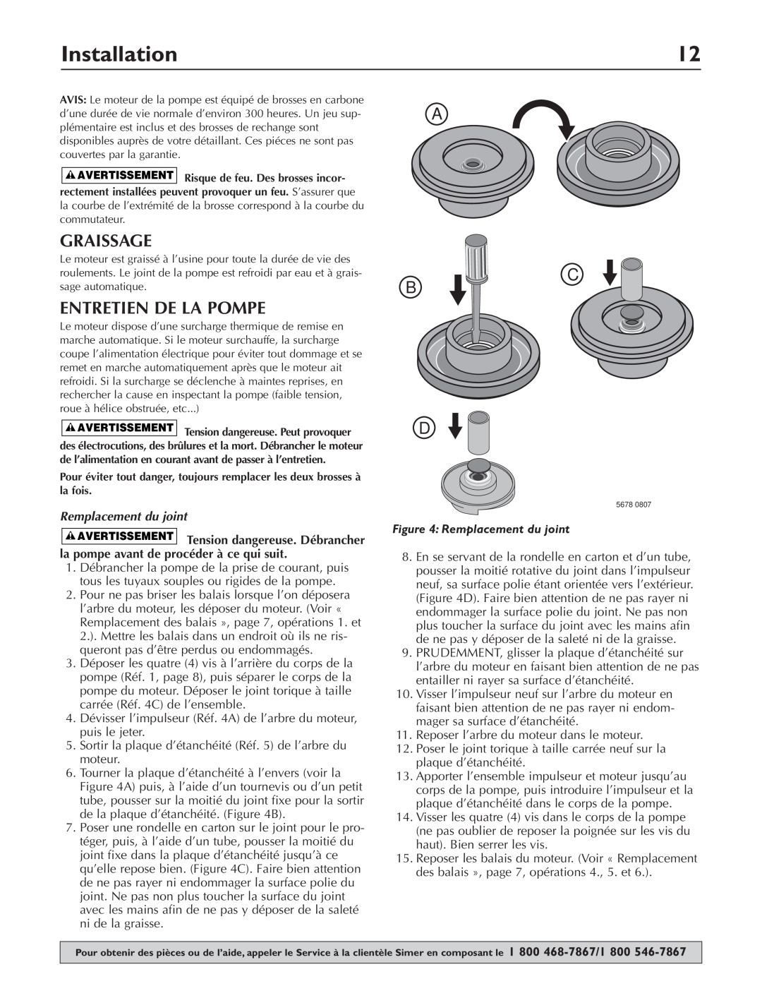 Simer Pumps 4850C owner manual Graissage, Entretien De La Pompe, Installation, A C B D 