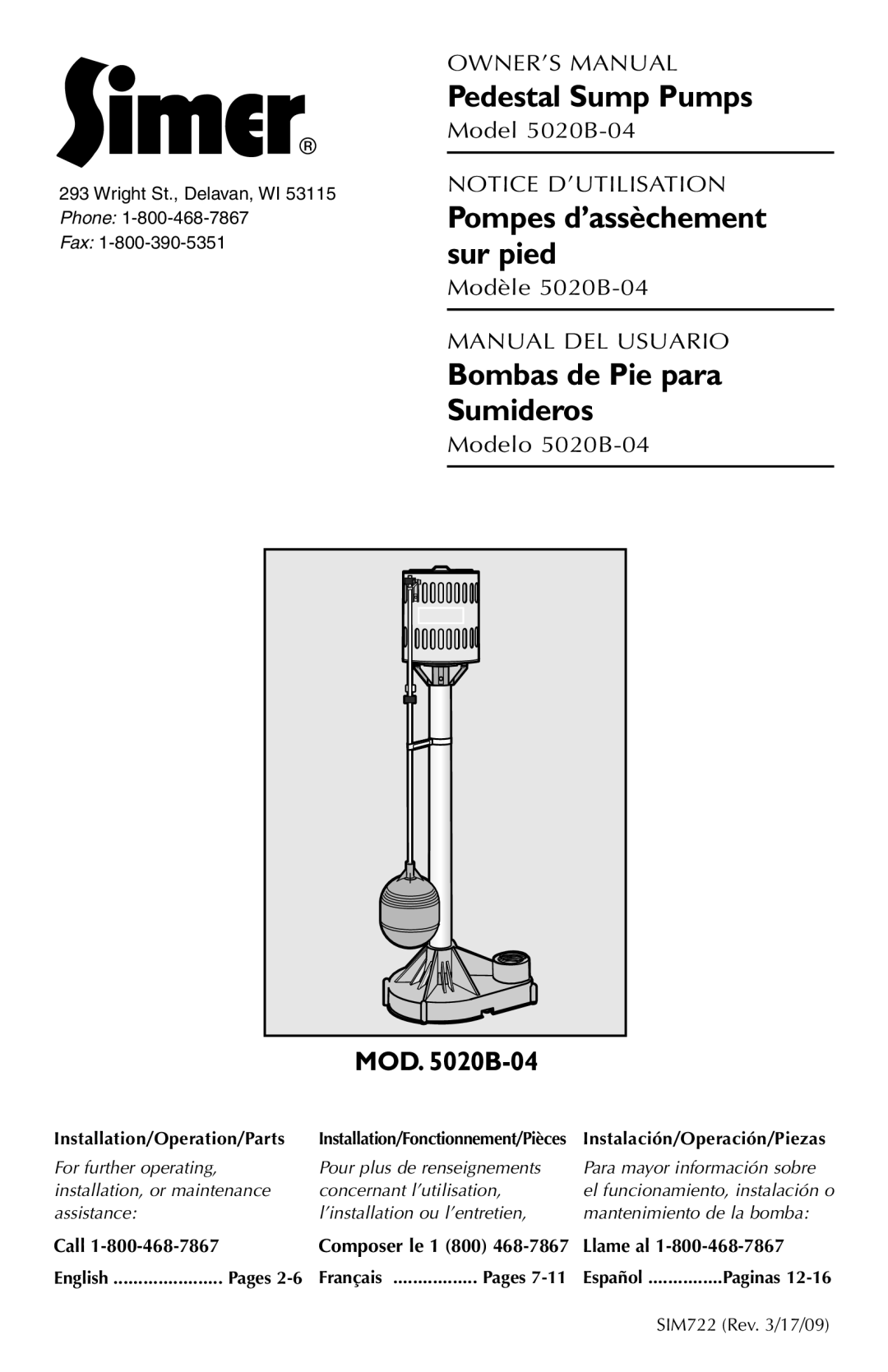 Simer Pumps 5020B-04 owner manual MOD B-04, Call, Llame al, Pages 