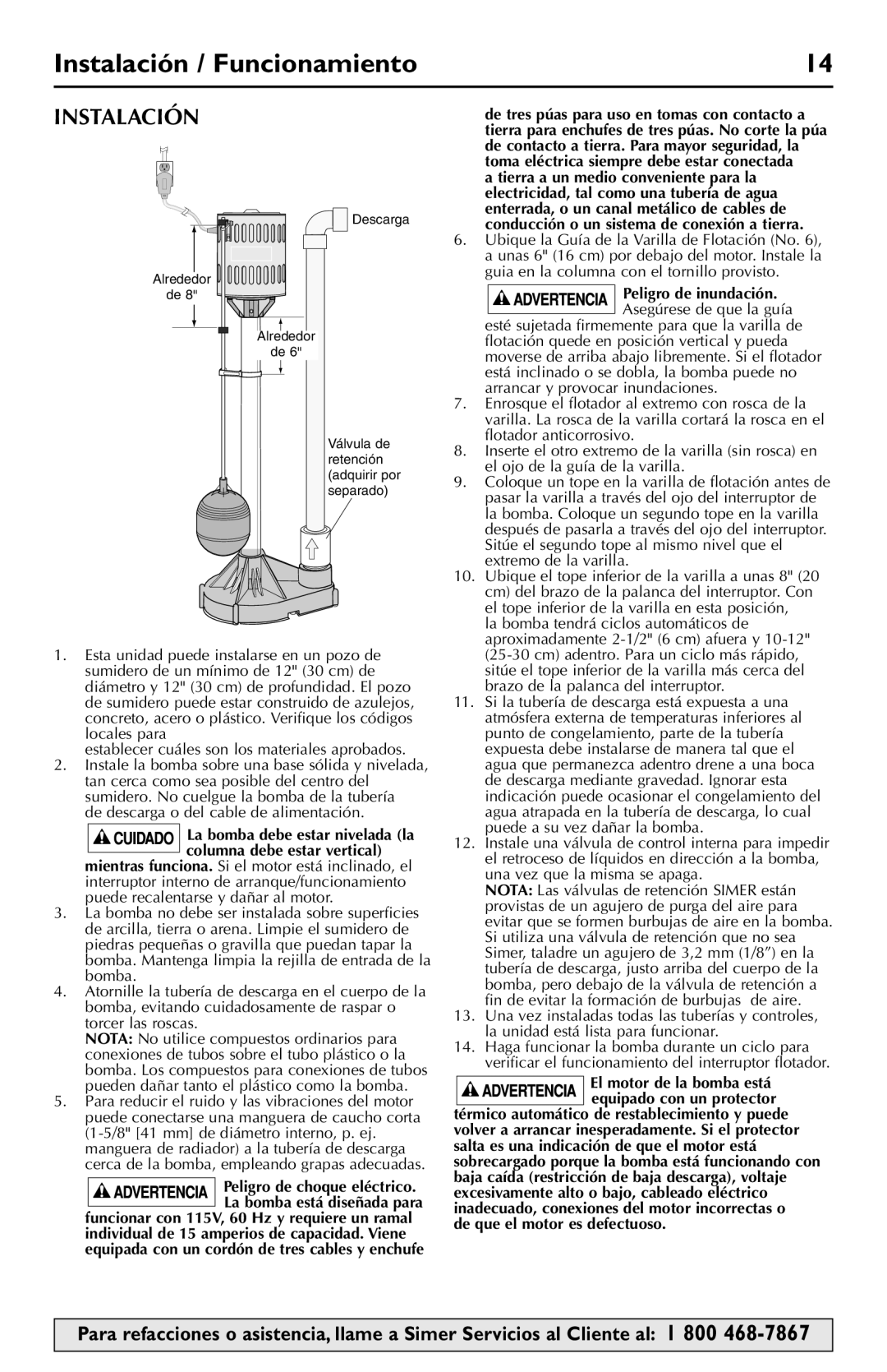 Simer Pumps 5020B-04 owner manual Instalación / Funcionamiento 