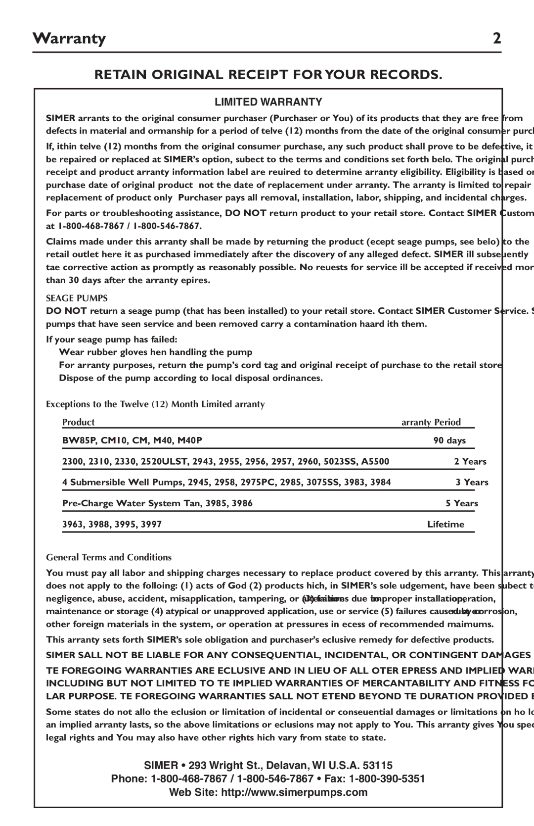 Simer Pumps 5020B-04 owner manual Warranty, Retain Original Receipt for Your Records 