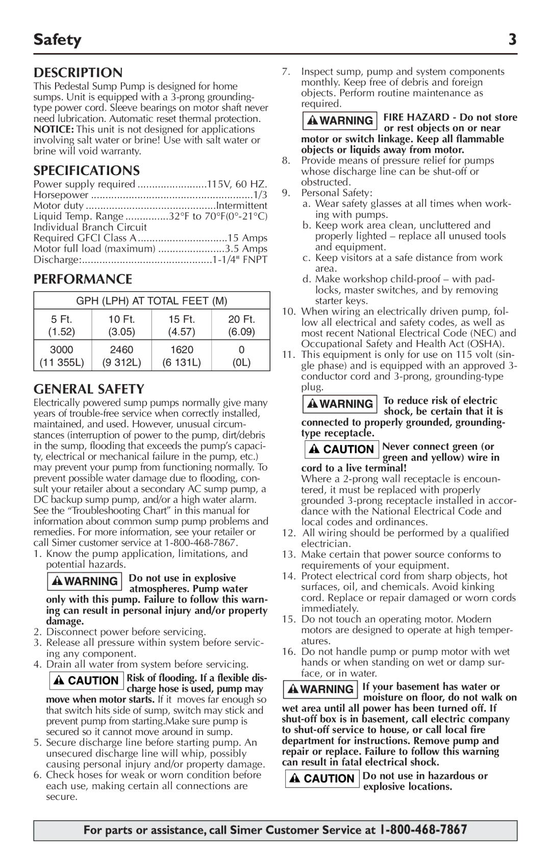 Simer Pumps 5020B-04 owner manual Description, Specifications, Performance, General Safety 