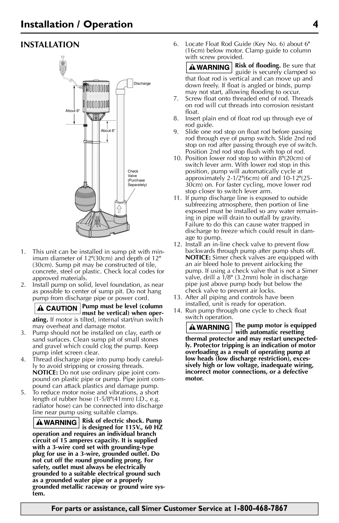 Simer Pumps 5020B-04 owner manual Installation / Operation 