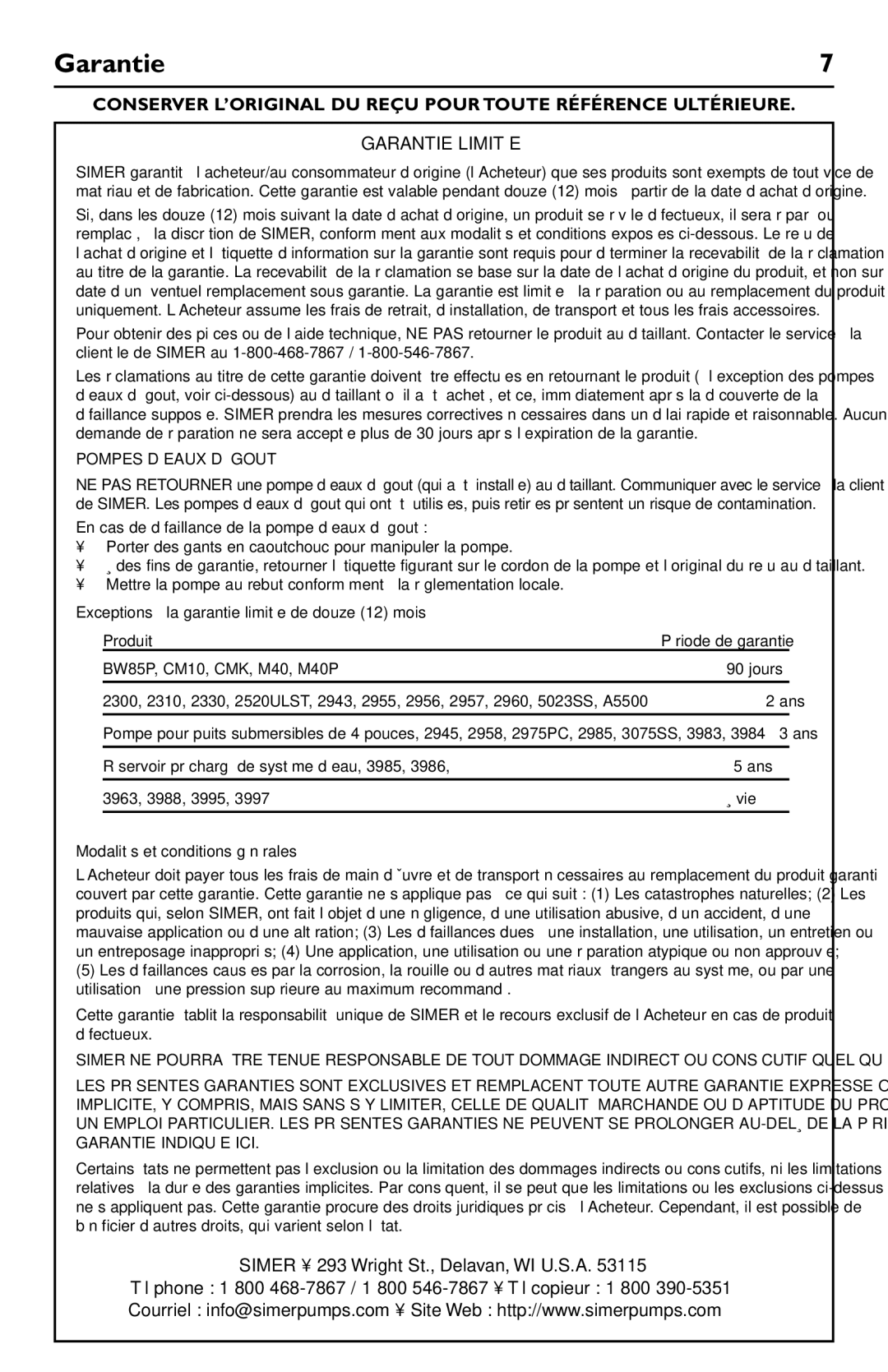 Simer Pumps 5020B-04 owner manual Garantie, Pompes D’EAUX D’ÉGOUT 