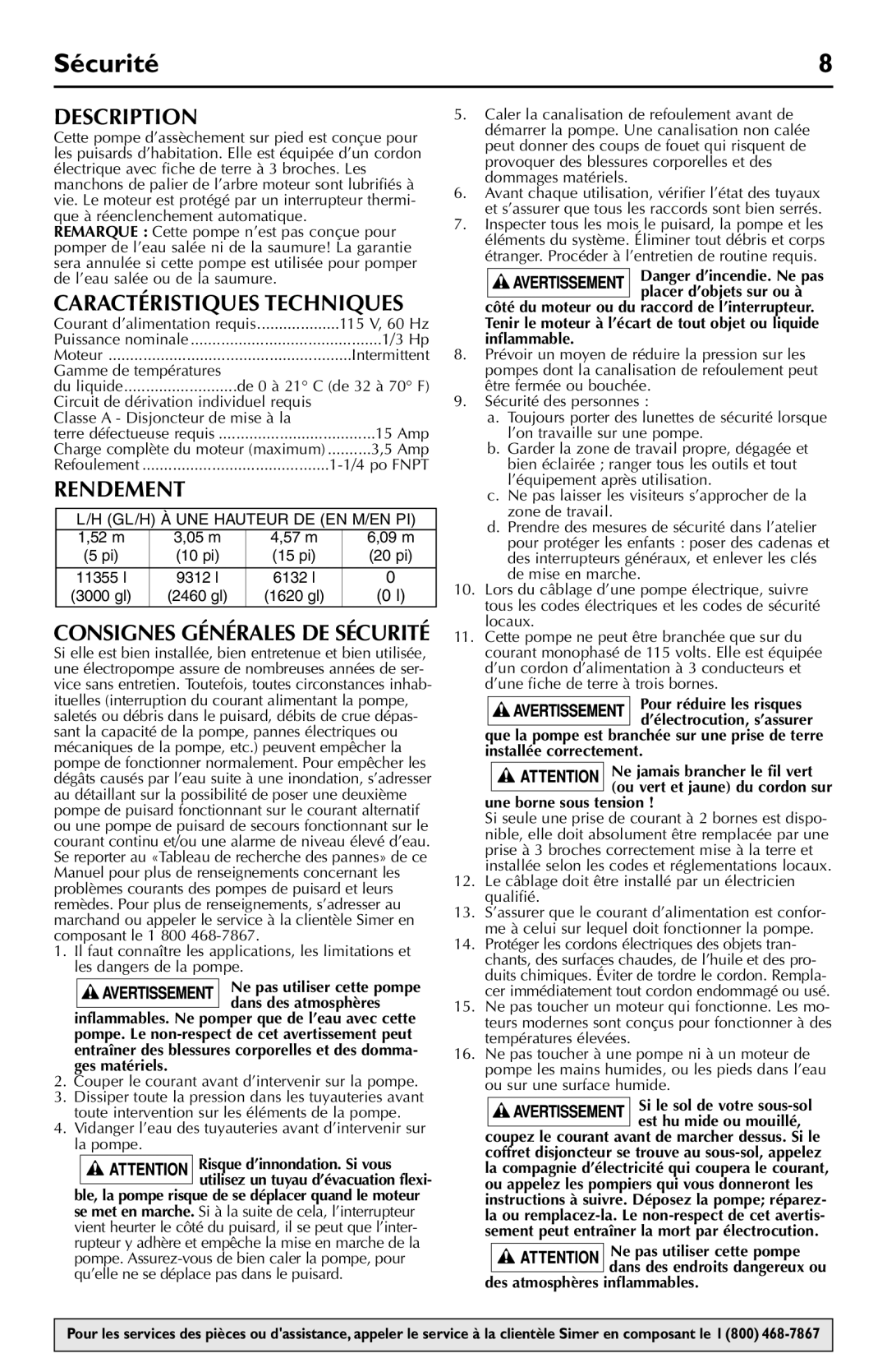 Simer Pumps 5020B-04 owner manual Sécurité, Caractéristiques Techniques, Rendement 