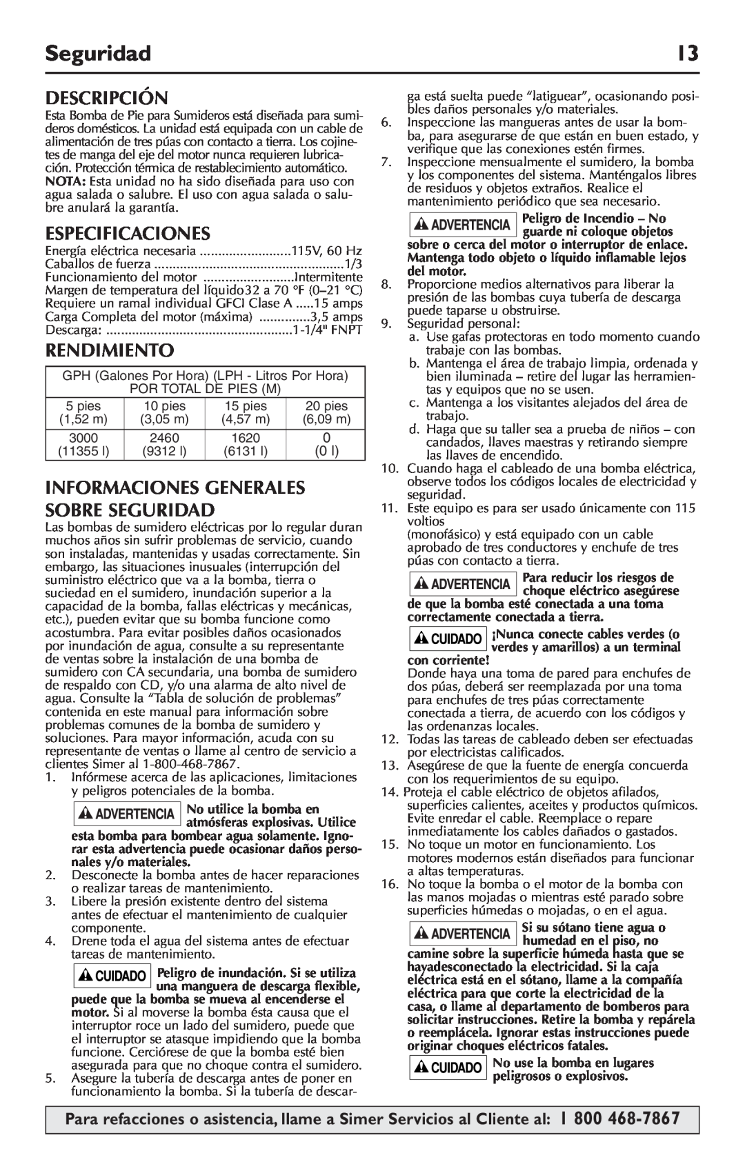 Simer Pumps 5020B-04 owner manual Descripción, Especificaciones, Rendimiento, Informaciones Generales Sobre Seguridad 