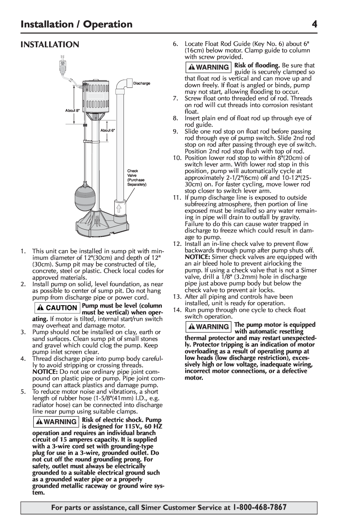 Simer Pumps 5020B-04 owner manual Installation / Operation 