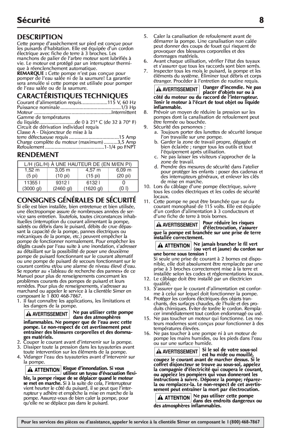 Simer Pumps 5020B-04 owner manual Caractéristiques Techniques, Rendement, Consignes Générales De Sécurité, Description 