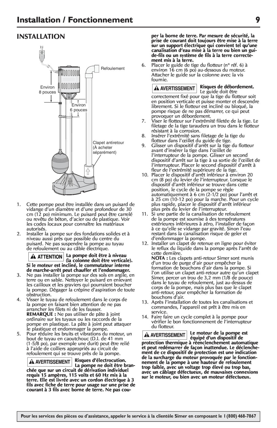 Simer Pumps 5020B-04 owner manual Installation / Fonctionnement, Risques d’électrocution, La pompe ne doit être bran 