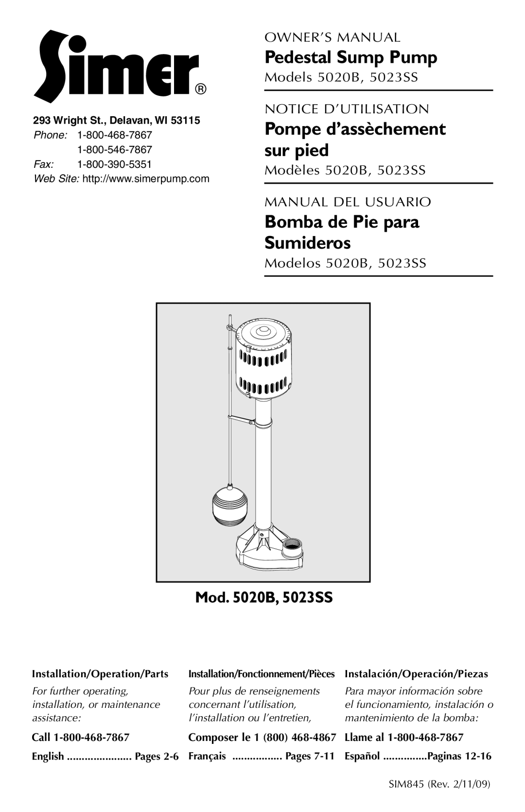 Simer Pumps 5020B owner manual Mod B, 5023SS, Call, Llame al, Pages 