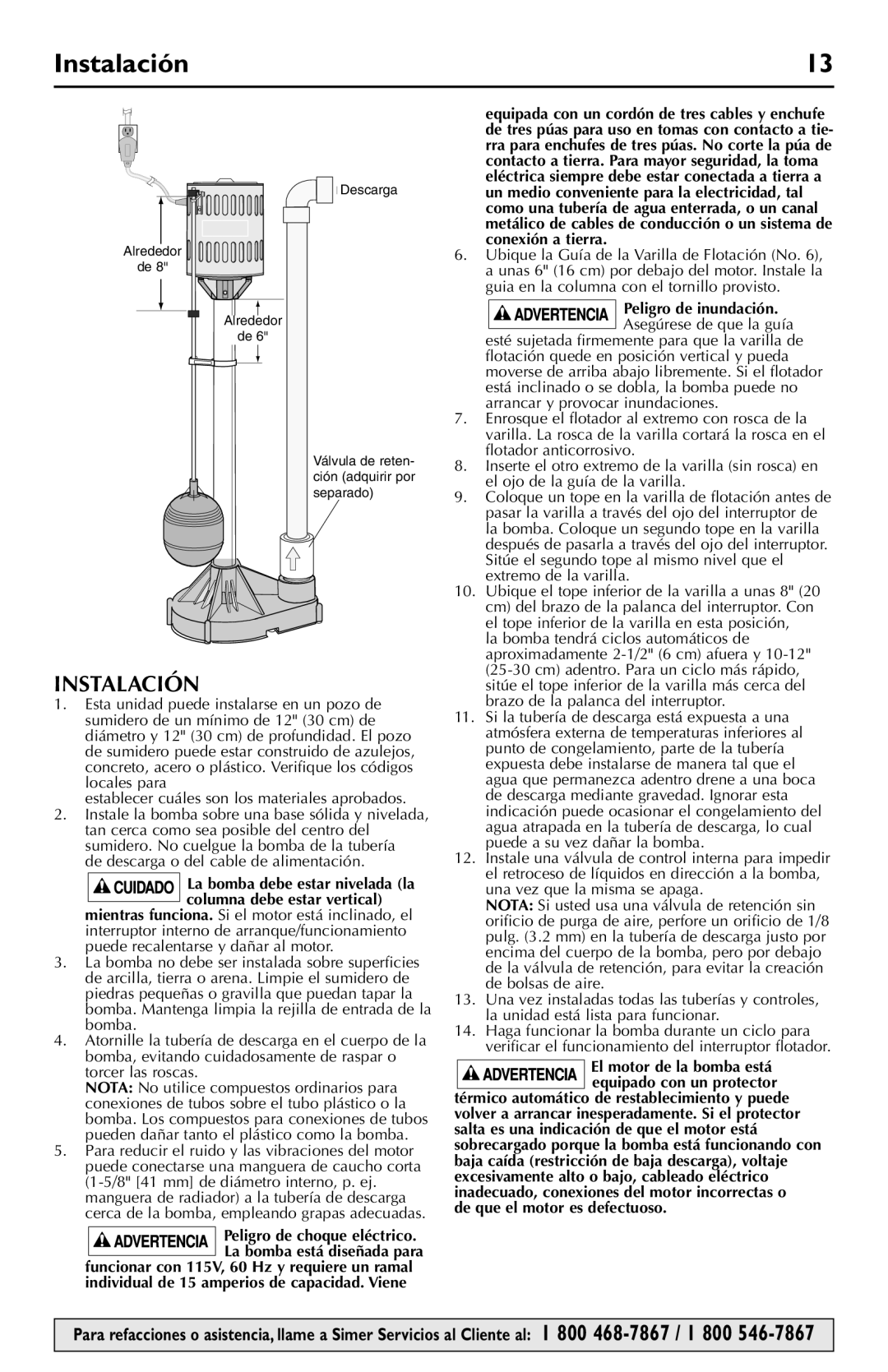 Simer Pumps 5023SS, 5020B owner manual Instalación, Peligro de inundación 