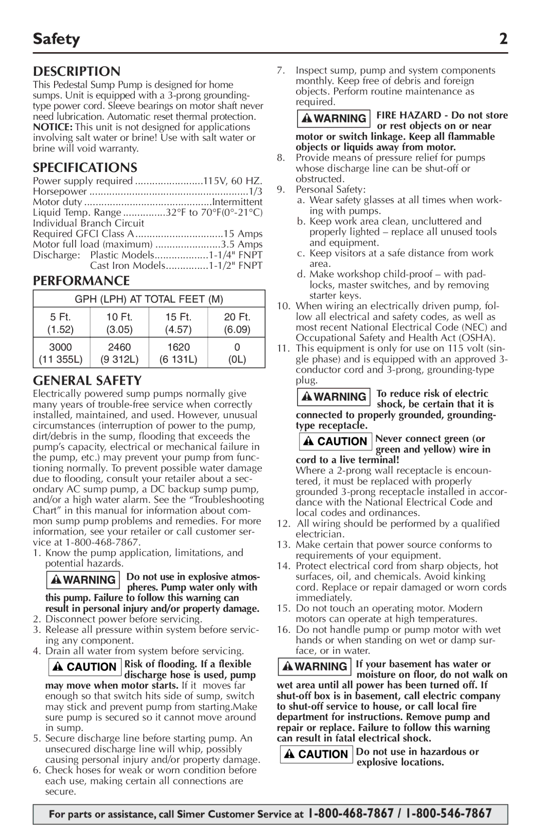 Simer Pumps 5020B, 5023SS owner manual Description, Specifications, Performance, General Safety 