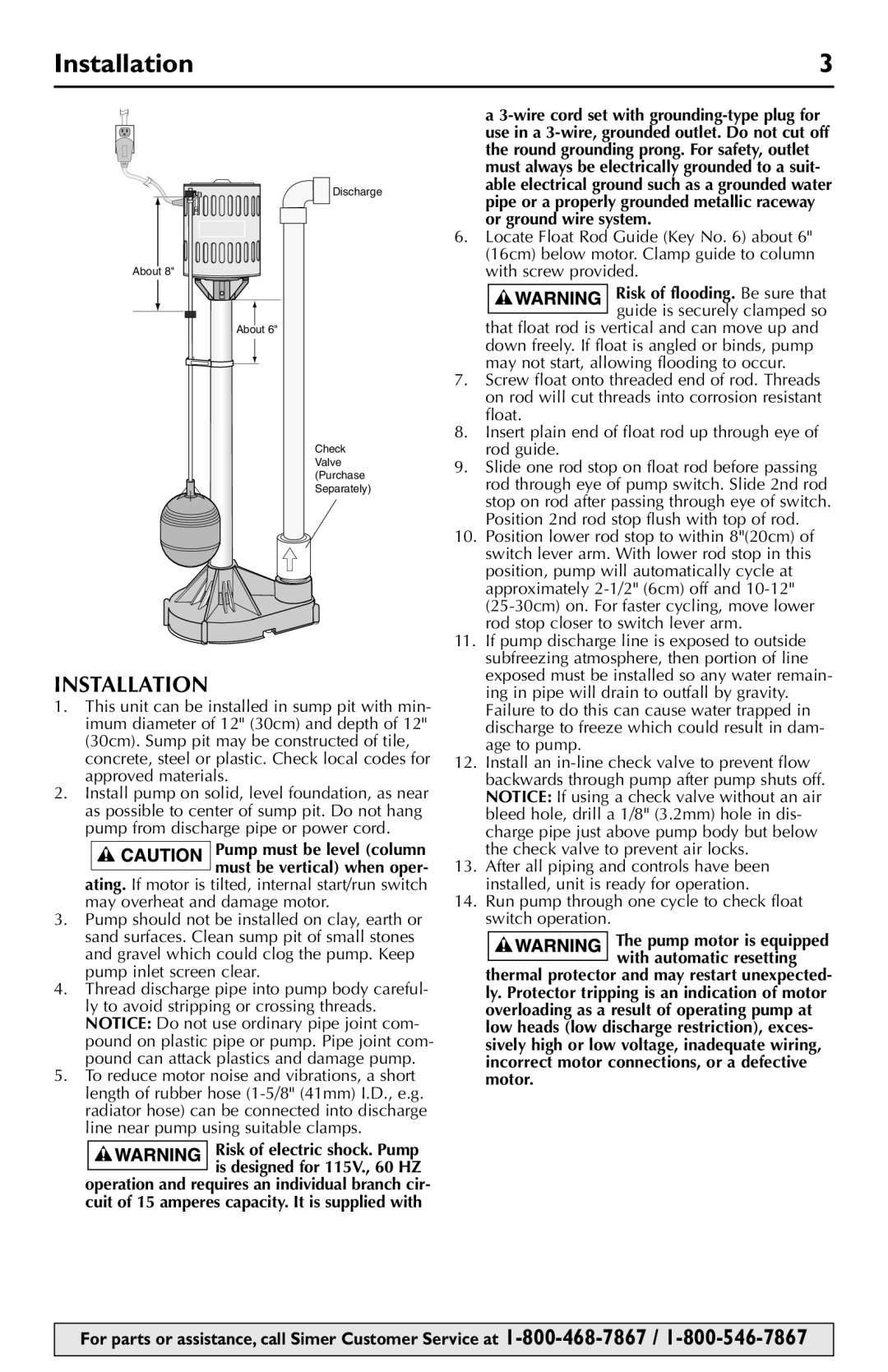 Simer Pumps 5023SS, 5020B owner manual Installation, Risk of electric shock. Pump is designed for 115V., 60 HZ 