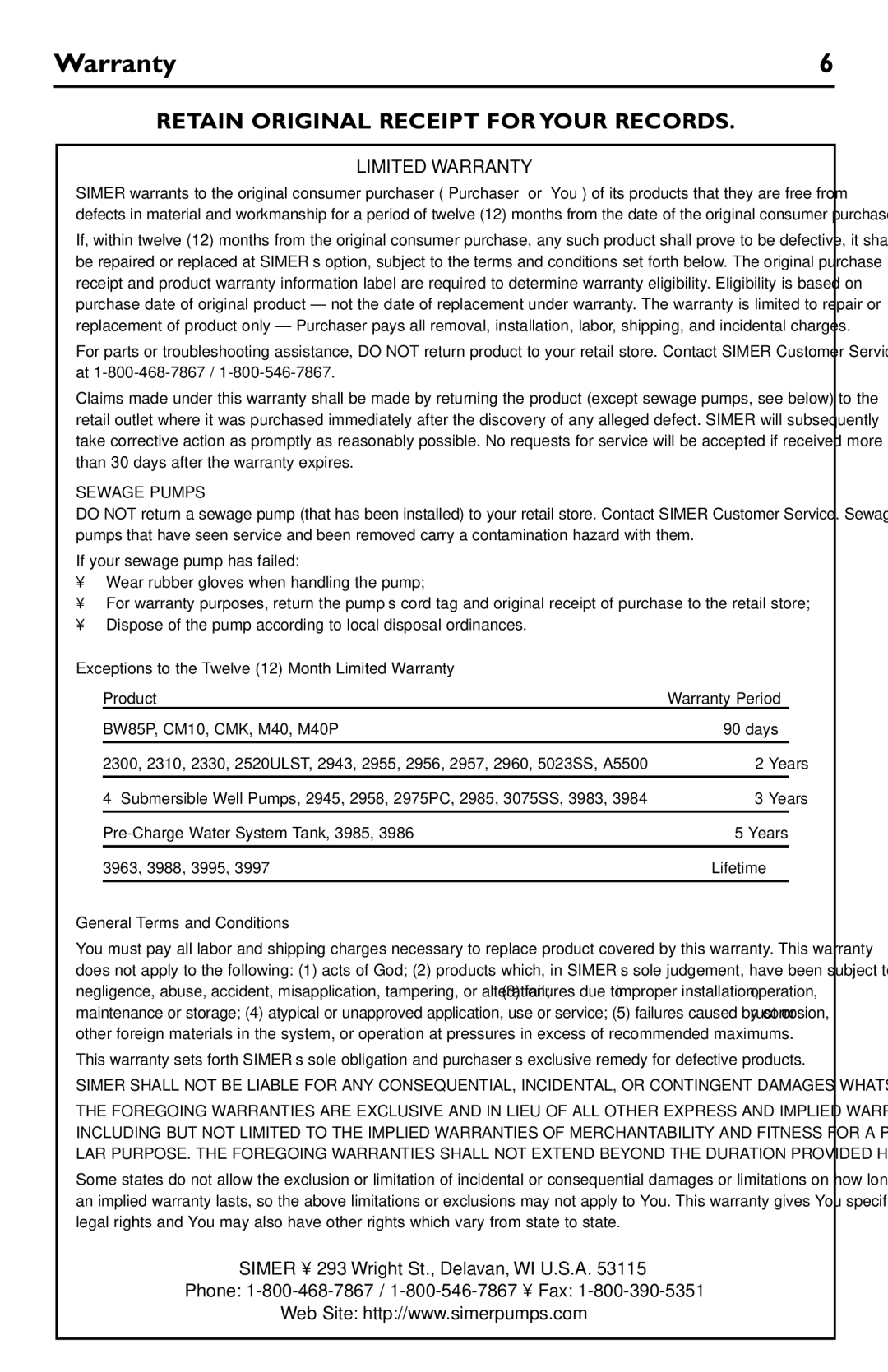 Simer Pumps 5020B, 5023SS owner manual Warranty, Retain Original Receipt for Your Records 