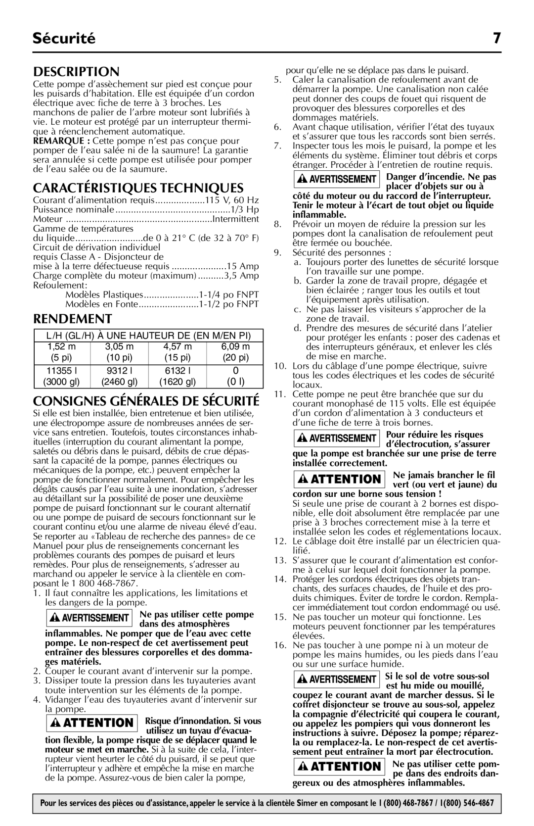 Simer Pumps 5023SS, 5020B owner manual Sécurité, Caractéristiques Techniques, Rendement 