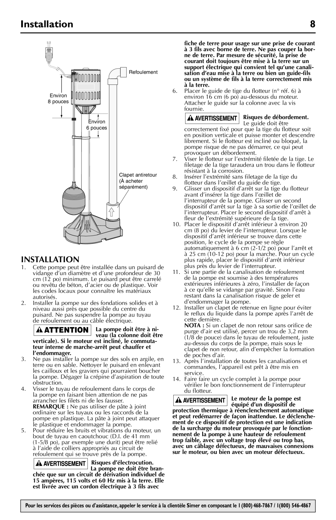 Simer Pumps 5020B, 5023SS owner manual Risques d’électrocution, Fiche de terre pour usage sur une prise de courant, La terre 