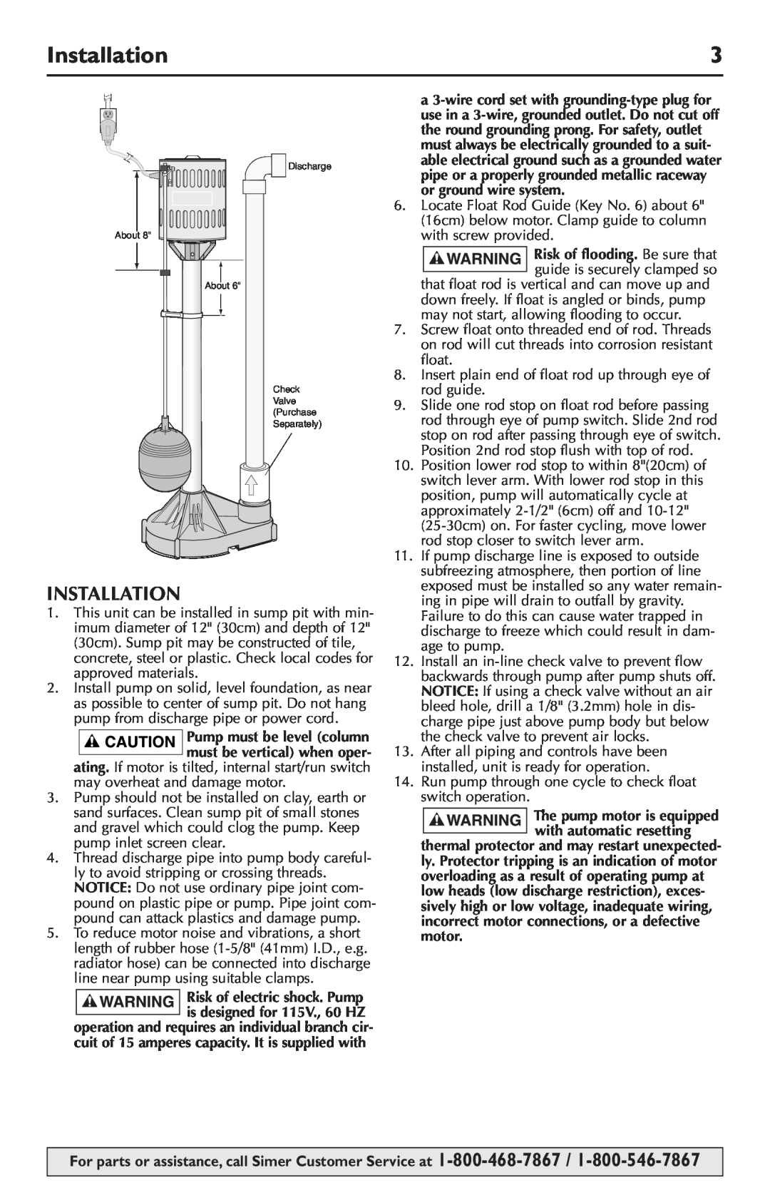 Simer Pumps 5023SS, 5020B owner manual Installation 