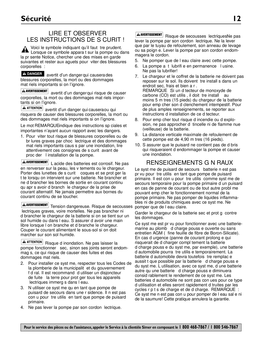 Simer Pumps A5000-04 owner manual Lire ET Observer LES Instructions DE Sécurité, Renseignements Généraux 