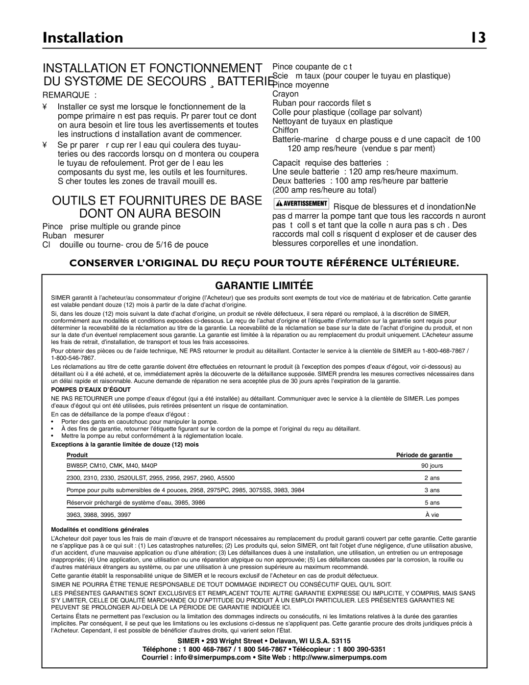 Simer Pumps A5000-04 owner manual Outils ET Fournitures DE Base Dont on Aura Besoin, Capacité requise des batteries 