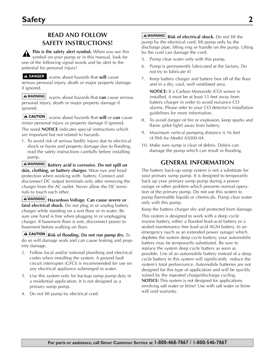 Simer Pumps A5000-04 owner manual Read and Follow Safety Instructions, General Information 