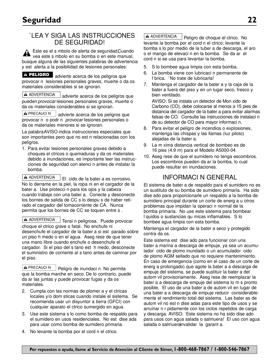 Simer Pumps A5000-04 owner manual ¡LEA Y Siga LAS Instrucciones DE Seguridad, Información General 