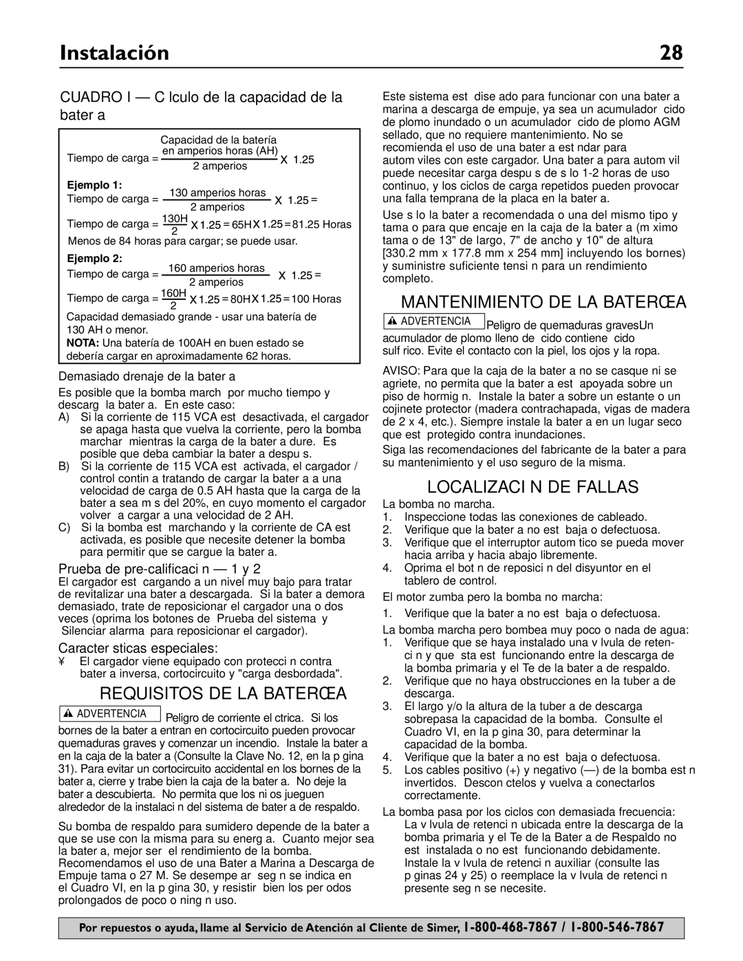 Simer Pumps A5000-04 owner manual Requisitos DE LA Batería, Mantenimiento DE LA Batería, Localización DE Fallas 