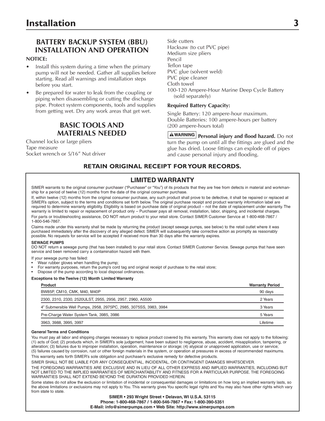 Simer Pumps A5000-04 owner manual Installation, Basic Tools Materials Needed, Required Battery Capacity 