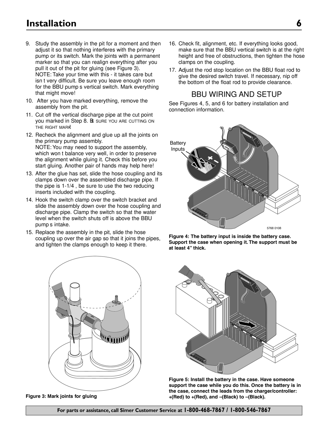 Simer Pumps A5000-04 owner manual BBU Wiring and Setup, Mark joints for gluing 