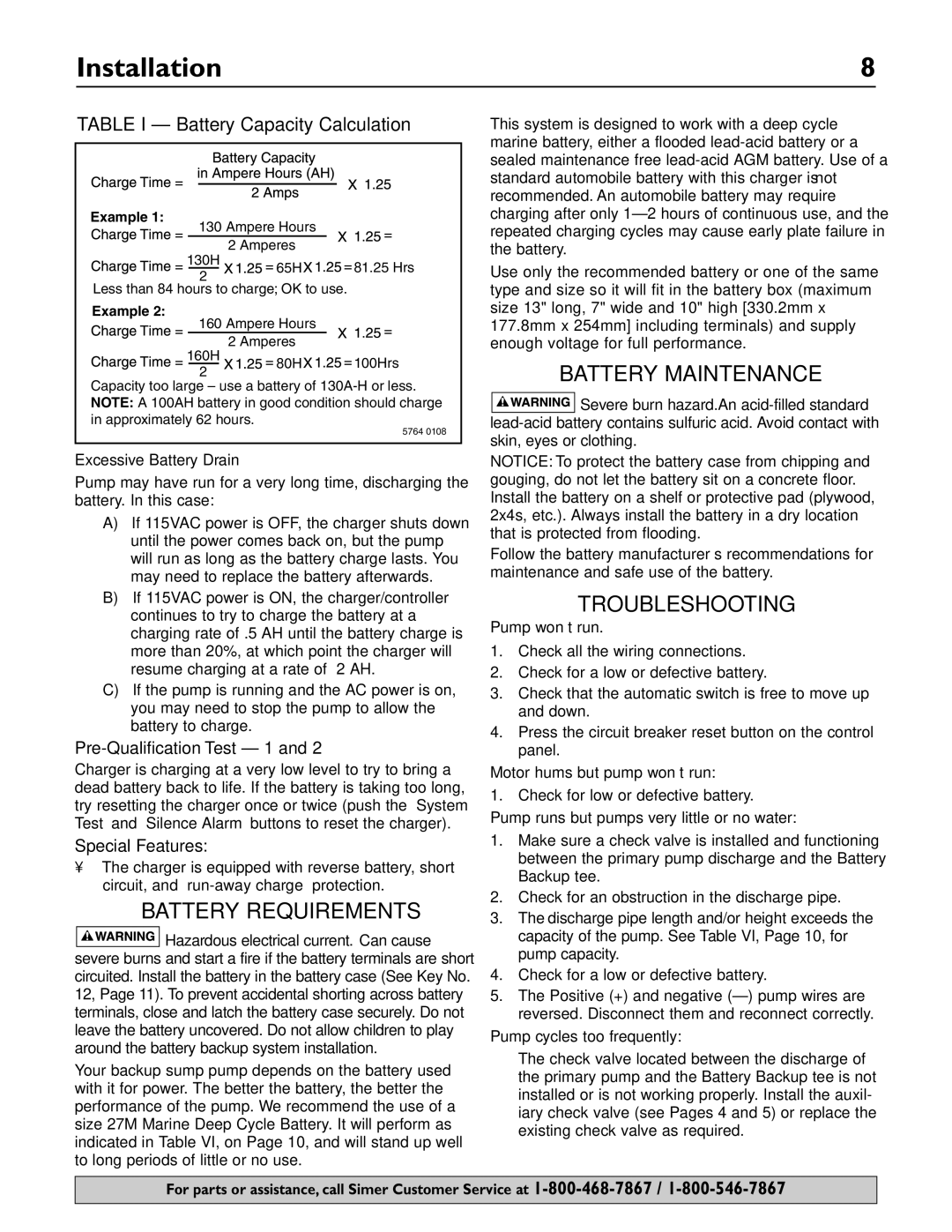 Simer Pumps A5000-04 Battery Requirements, Battery Maintenance, Troubleshooting, Table I Battery Capacity Calculation 