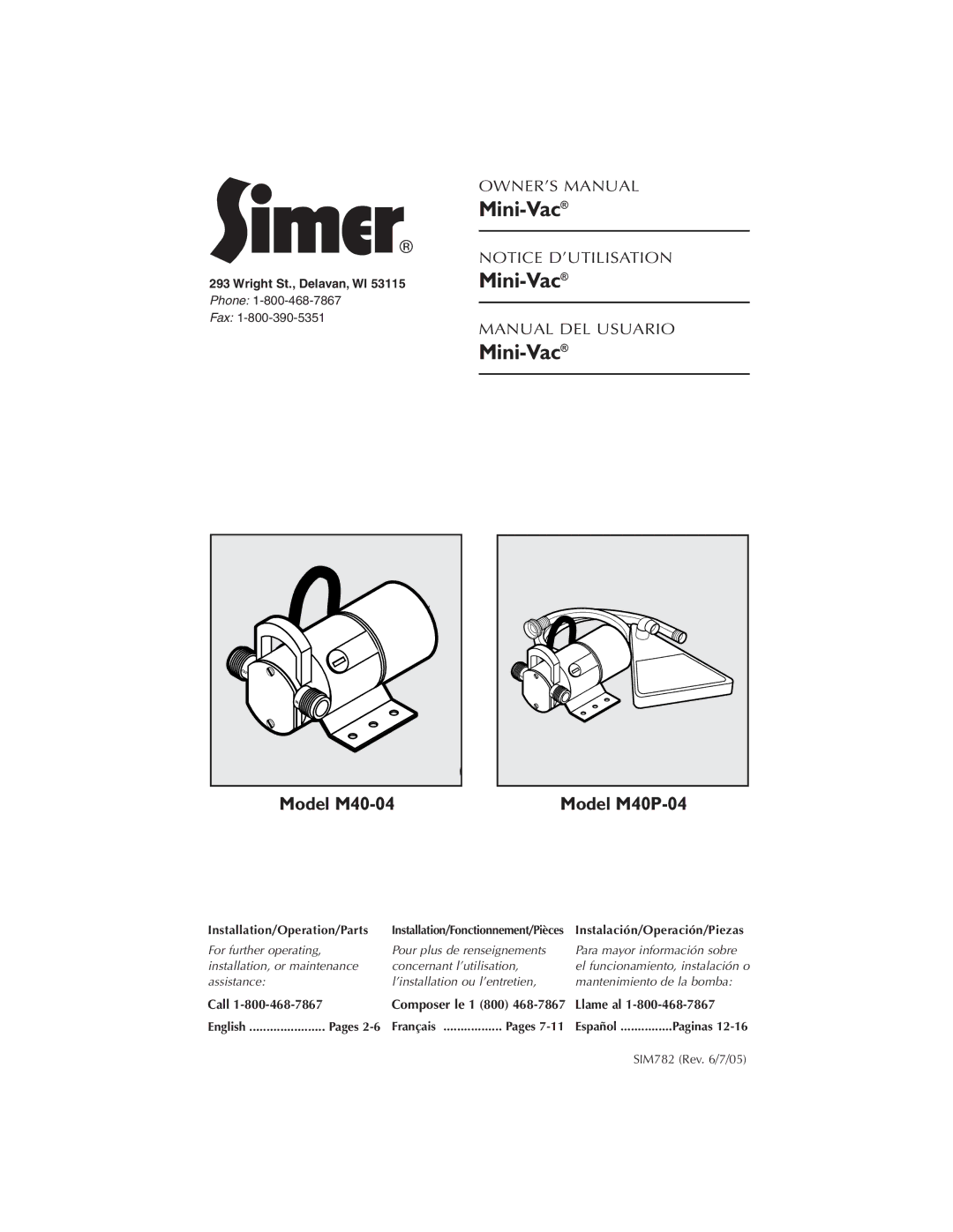 Simer Pumps owner manual Model M40-04, Model M40P-04 