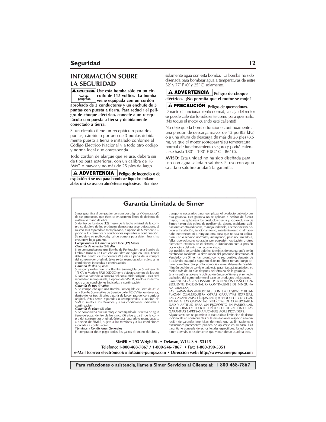 Simer Pumps M40-04, M40P-04 owner manual Información Sobre LA Seguridad, Garantia Limitada de Simer 