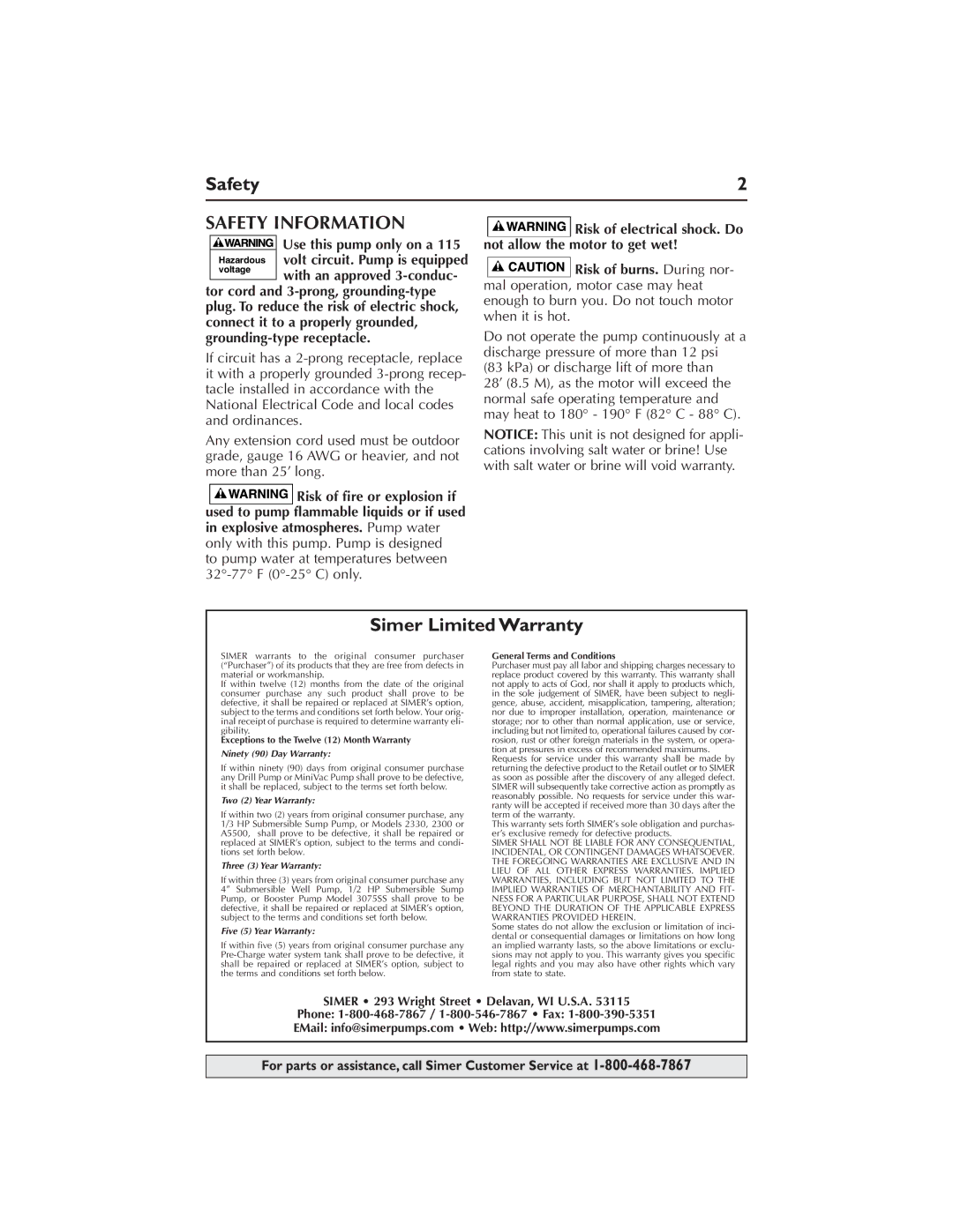 Simer Pumps M40-04, M40P-04 owner manual Safety Information, Simer Limited Warranty 