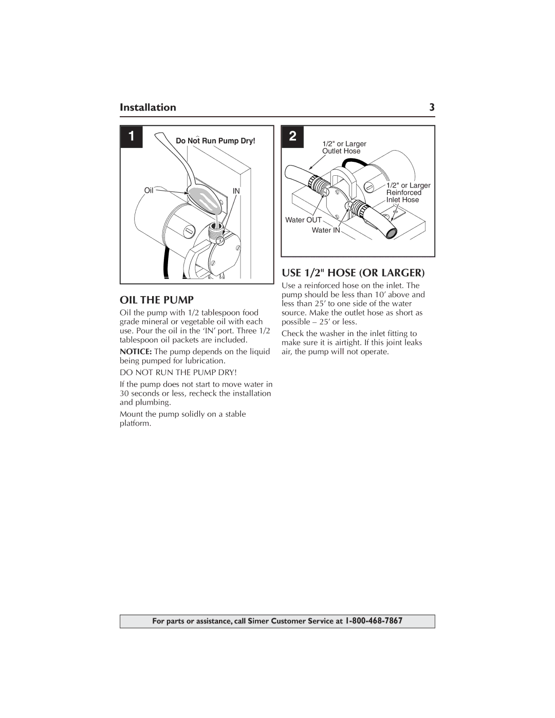 Simer Pumps M40P-04, M40-04 owner manual Installation, OIL the Pump 