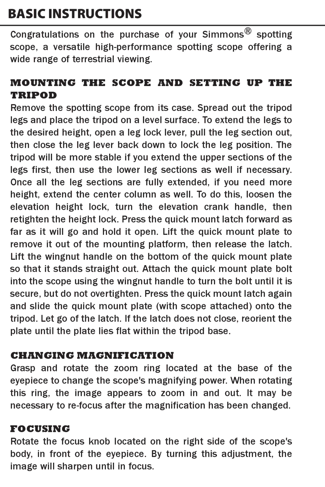 Simmons Optics 71-2060 Basic Instructions, Mounting the Scope and Setting UP the Tripod, Changing Magnification, Focusing 