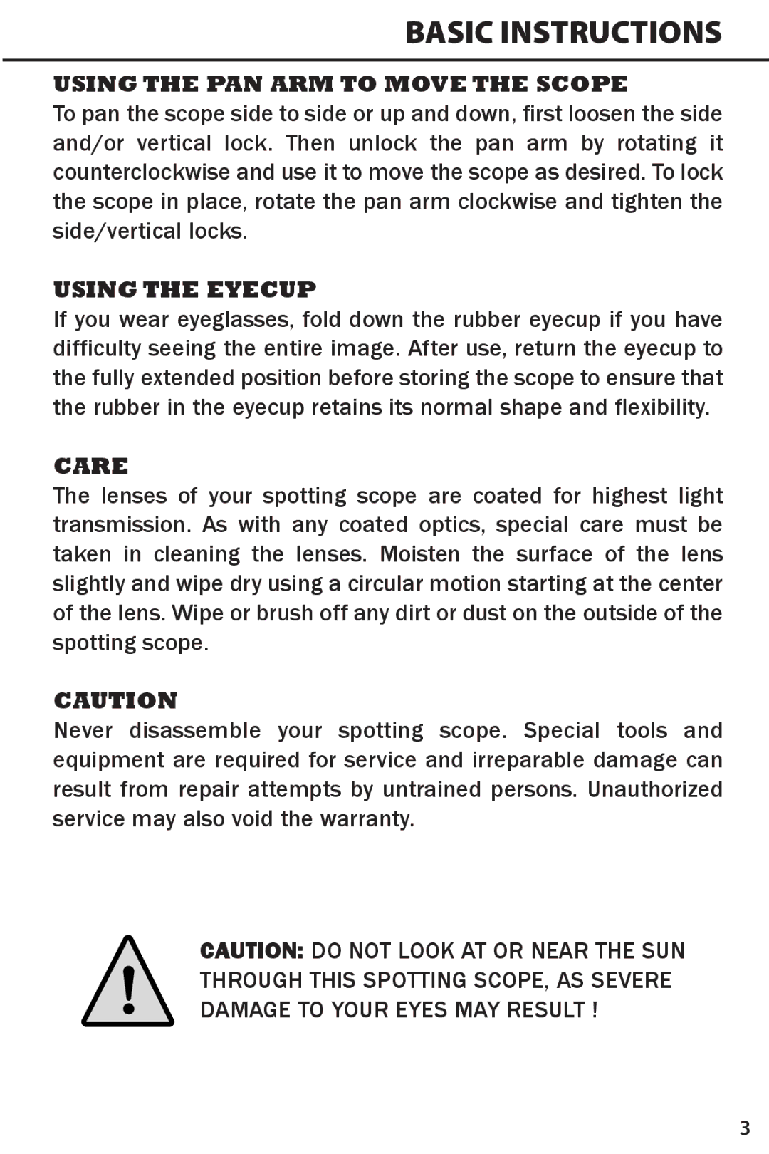 Simmons Optics 71-2060 instruction manual Using the PAN ARM to Move the Scope, Using the Eyecup, Care 