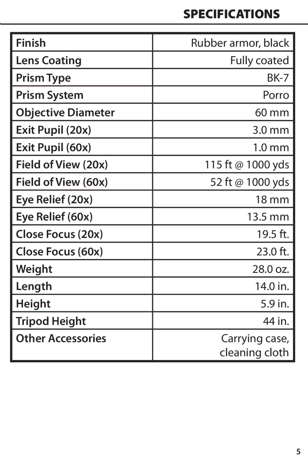 Simmons Optics 71-2060 instruction manual Specifications, Height Tripod Height Other Accessories 