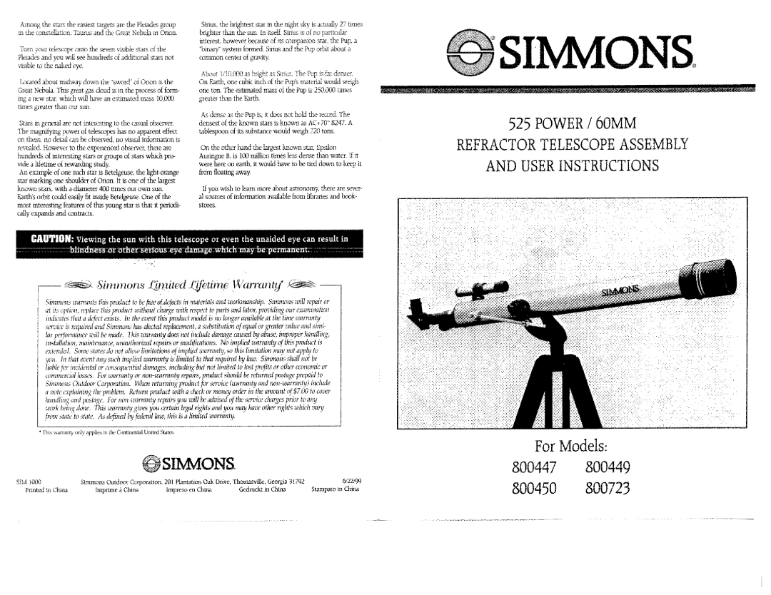 Simmons Optics 800447 manual 