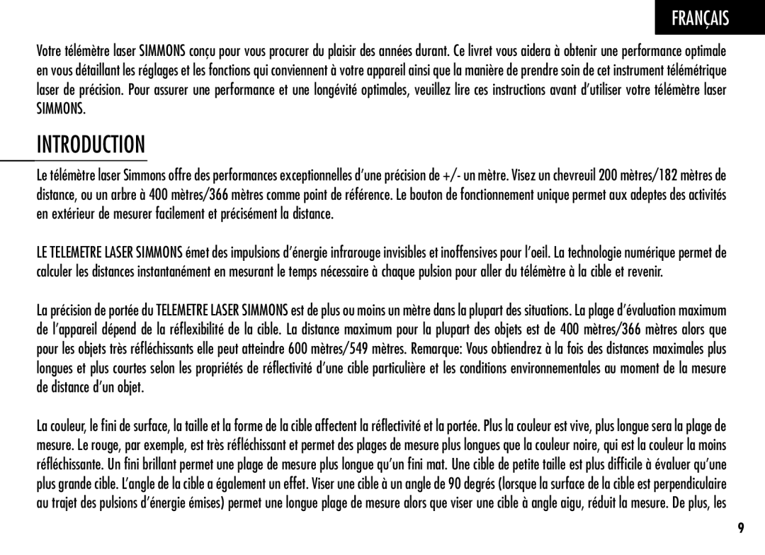Simmons Optics LRF 600 manual Français, Introduction, Simmons 