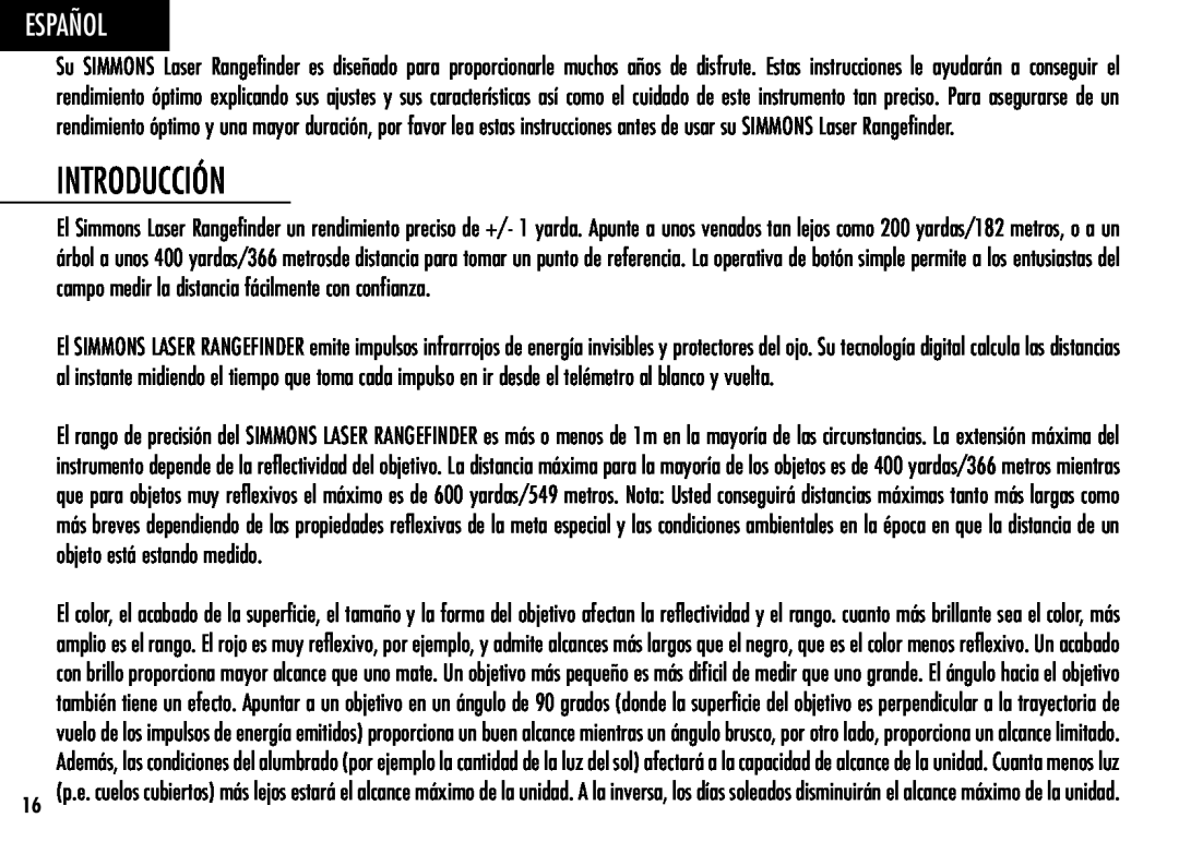 Simmons Optics LRF 600 manual Introducción, Español 