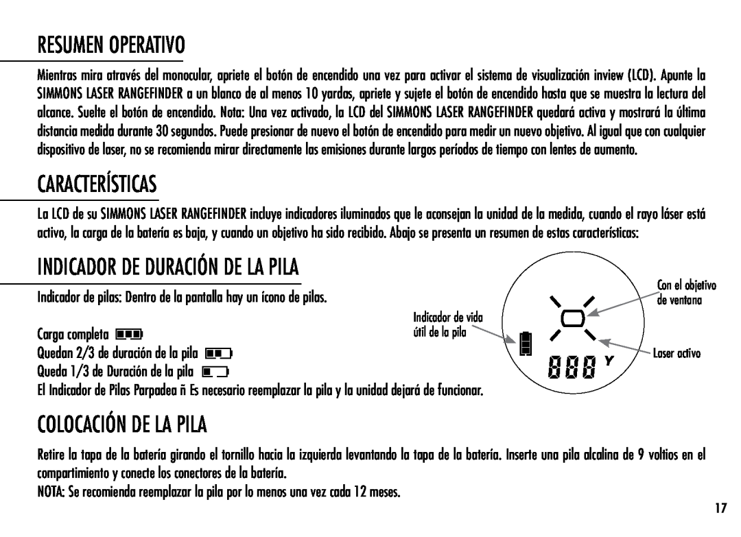Simmons Optics LRF 600 manual Resumen Operativo, Características, Indicador De Duración De La Pila, Colocación De La Pila 