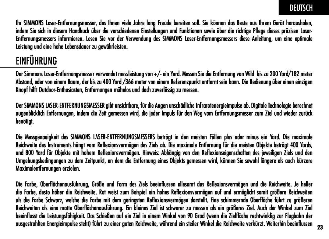 Simmons Optics LRF 600 manual Einführung, Deutsch 