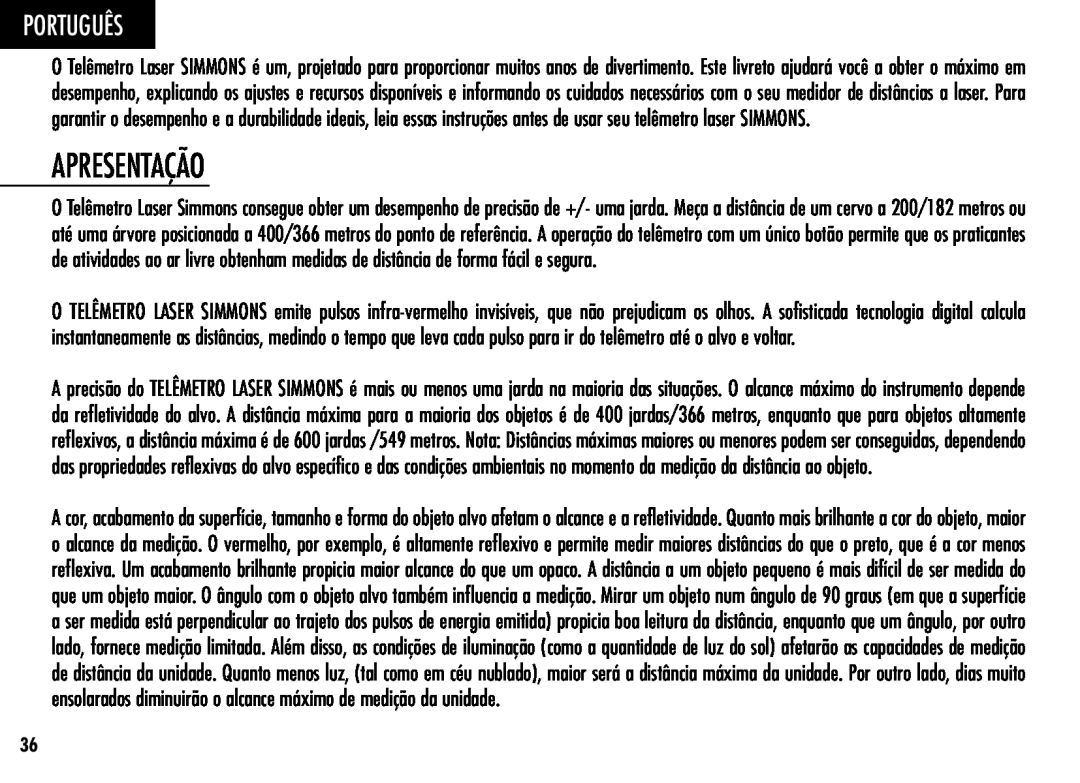 Simmons Optics LRF 600 manual Apresentação, Português 