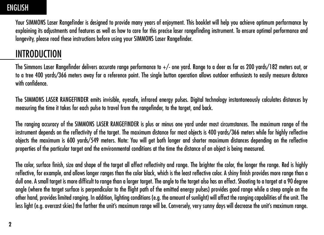 Simmons Optics LRF 600 manual Introduction, English 