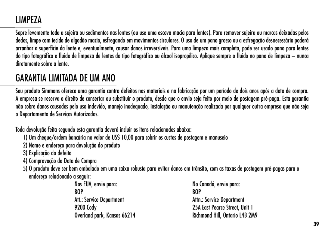 Simmons Optics LRF 600 manual Limpeza, Garantia Limitada De Um Ano, No Canadá, envie para 